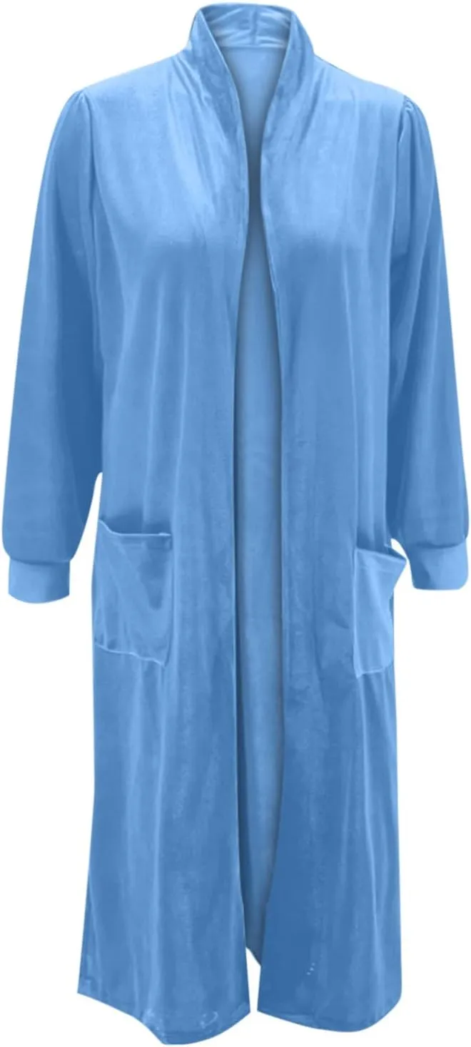 Women's Long Velvet Cardigan Jacket Lapel Collar Open Front Vintage Velour Cardigan Outerwear with Pockets
