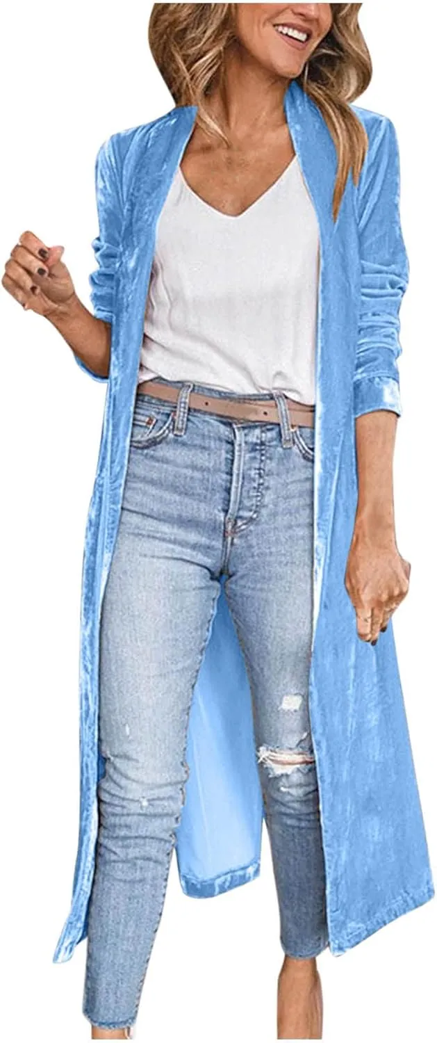 Women's Long Velvet Cardigan Jacket Lapel Collar Open Front Vintage Velour Cardigan Outerwear with Pockets