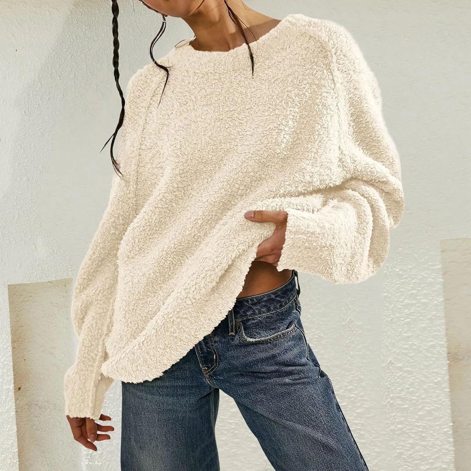 Womens Oversized Knit Sweater Creweneck Fleece Sweater Knit Chunky Loose Pullover Round Neck Plush Sweater
