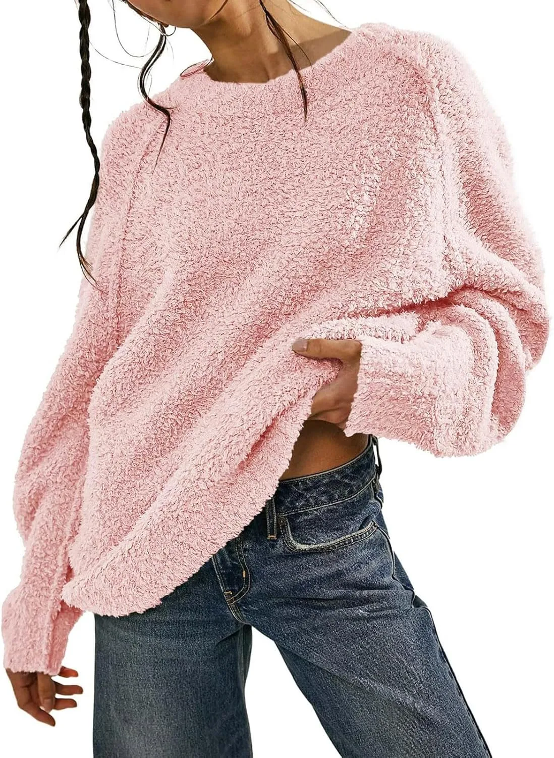 Womens Oversized Knit Sweater Creweneck Fleece Sweater Knit Chunky Loose Pullover Round Neck Plush Sweater