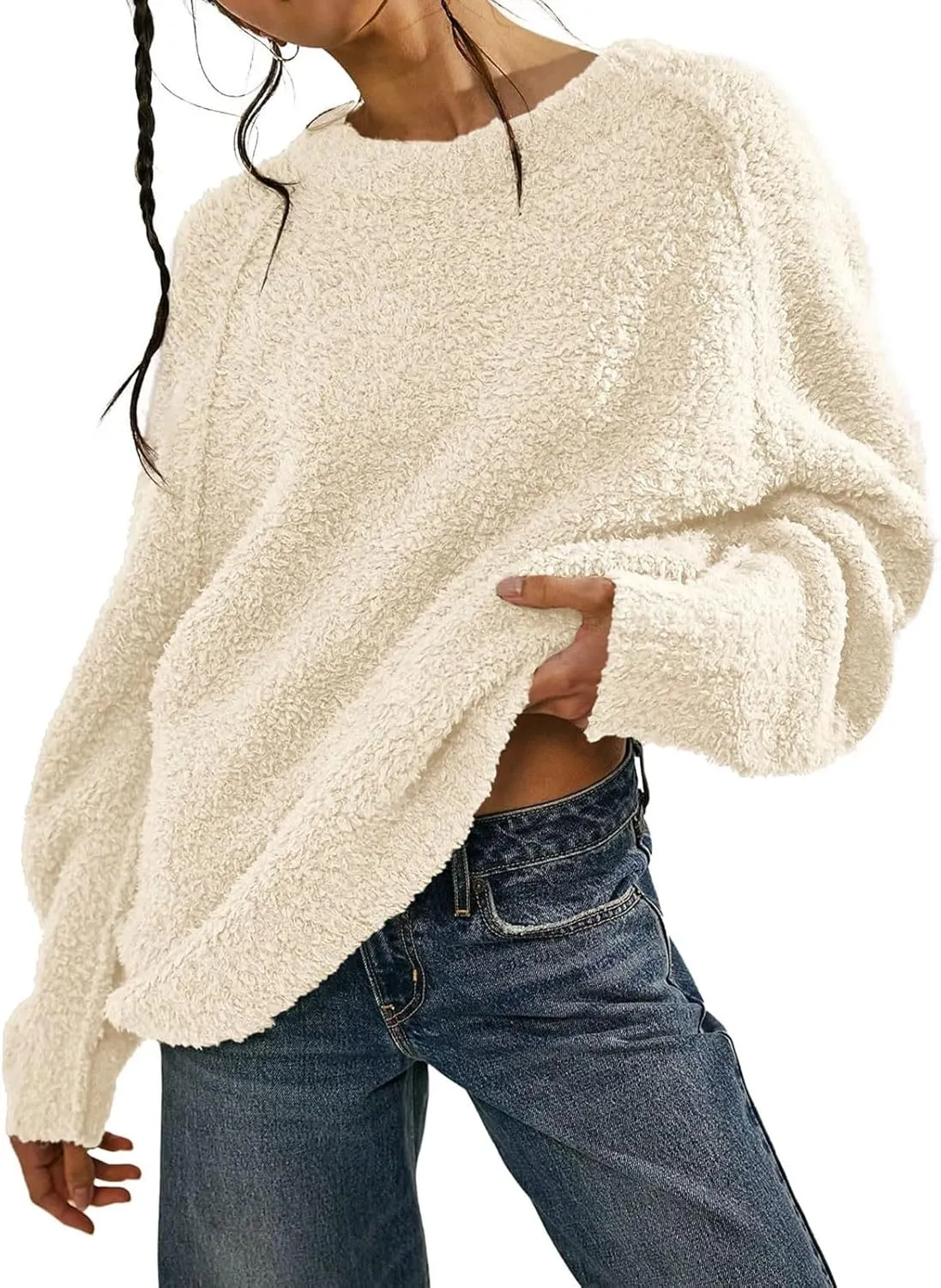 Womens Oversized Knit Sweater Creweneck Fleece Sweater Knit Chunky Loose Pullover Round Neck Plush Sweater
