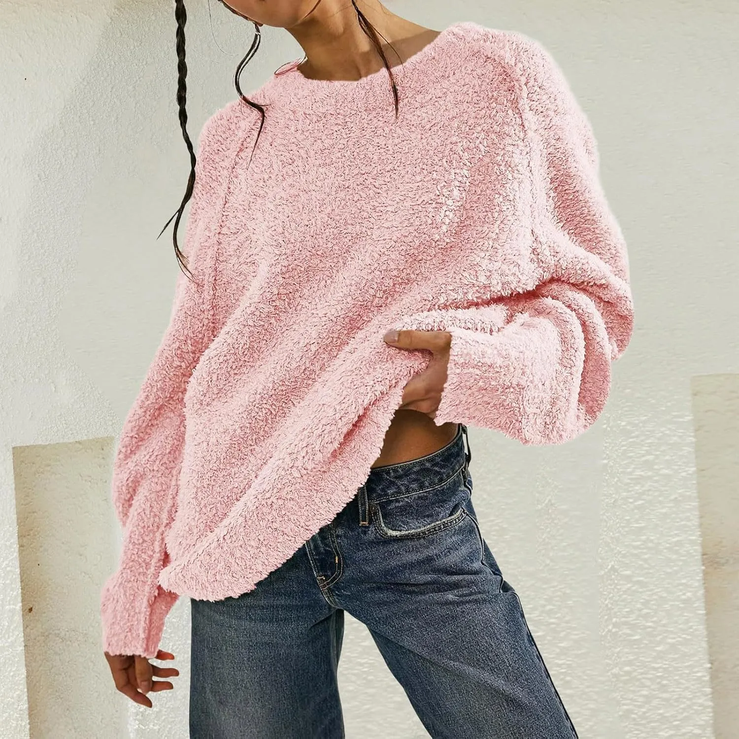 Womens Oversized Knit Sweater Creweneck Fleece Sweater Knit Chunky Loose Pullover Round Neck Plush Sweater