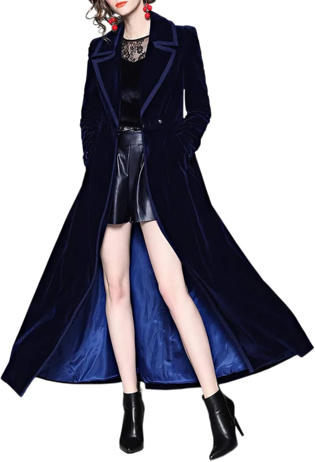 Women's Slim Notch Lapel Long Vintage Velvet Trench Coat Dress Hepburn Style