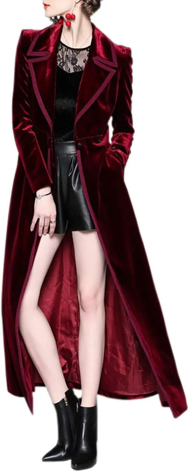 Women's Slim Notch Lapel Long Vintage Velvet Trench Coat Dress Hepburn Style