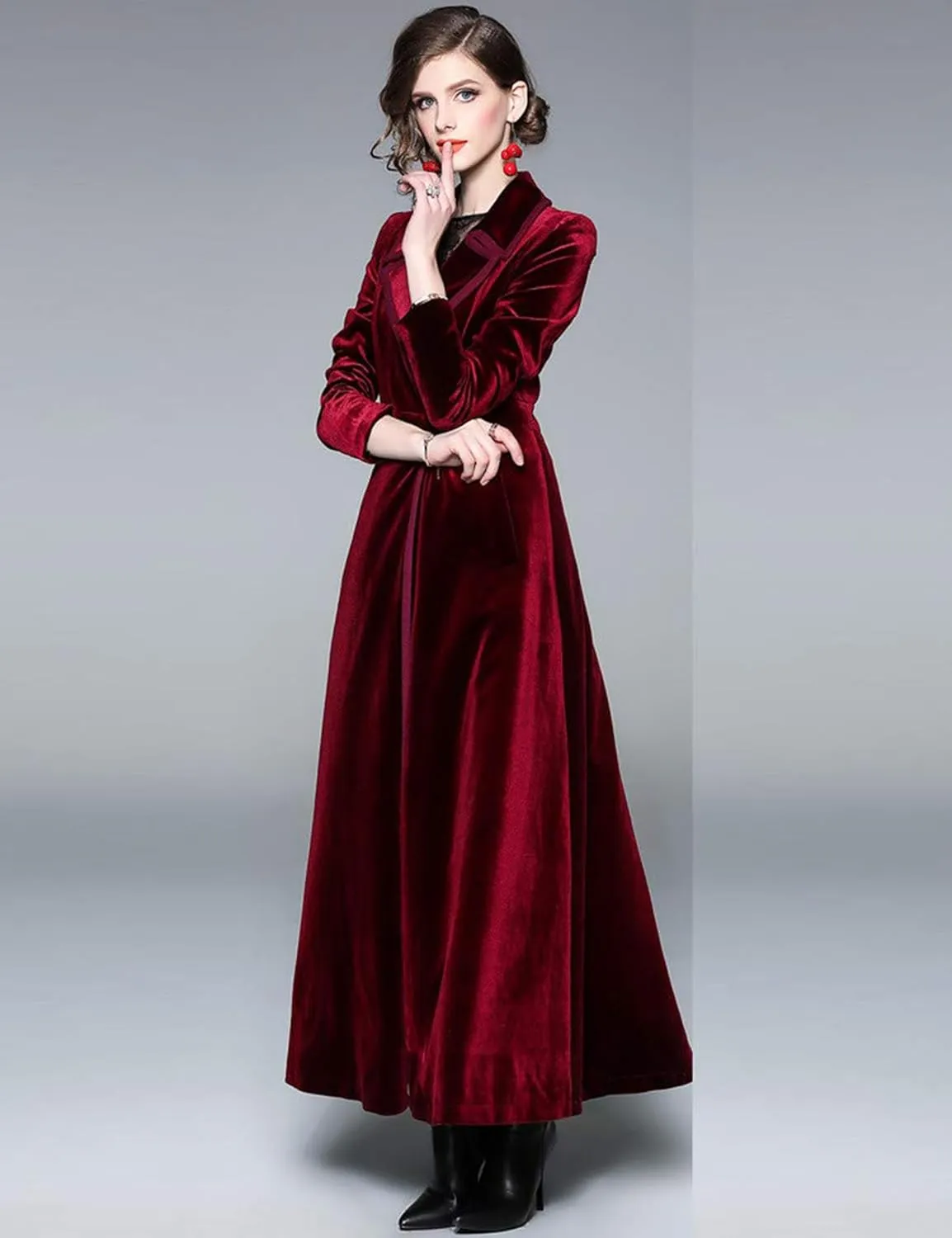 Women's Slim Notch Lapel Long Vintage Velvet Trench Coat Dress Hepburn Style