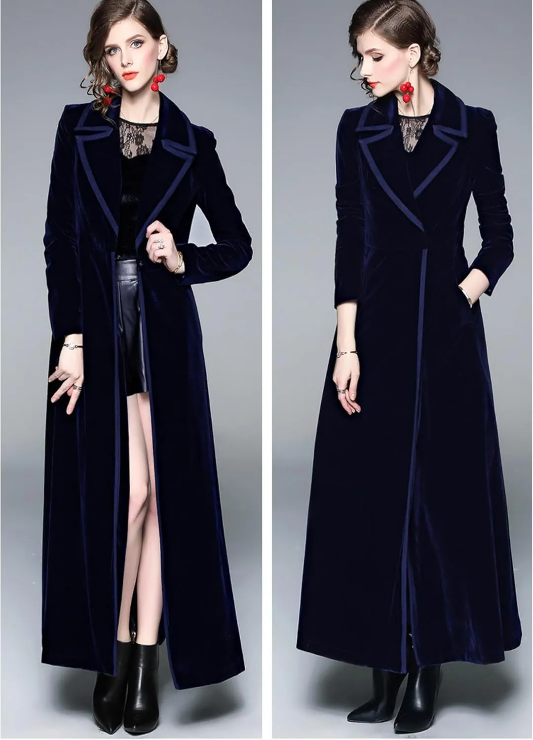 Women's Slim Notch Lapel Long Vintage Velvet Trench Coat Dress Hepburn Style