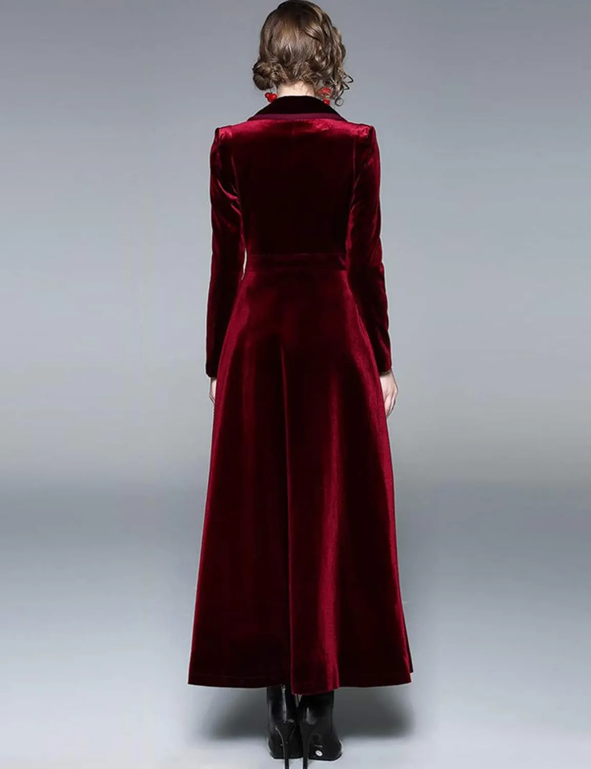Women's Slim Notch Lapel Long Vintage Velvet Trench Coat Dress Hepburn Style