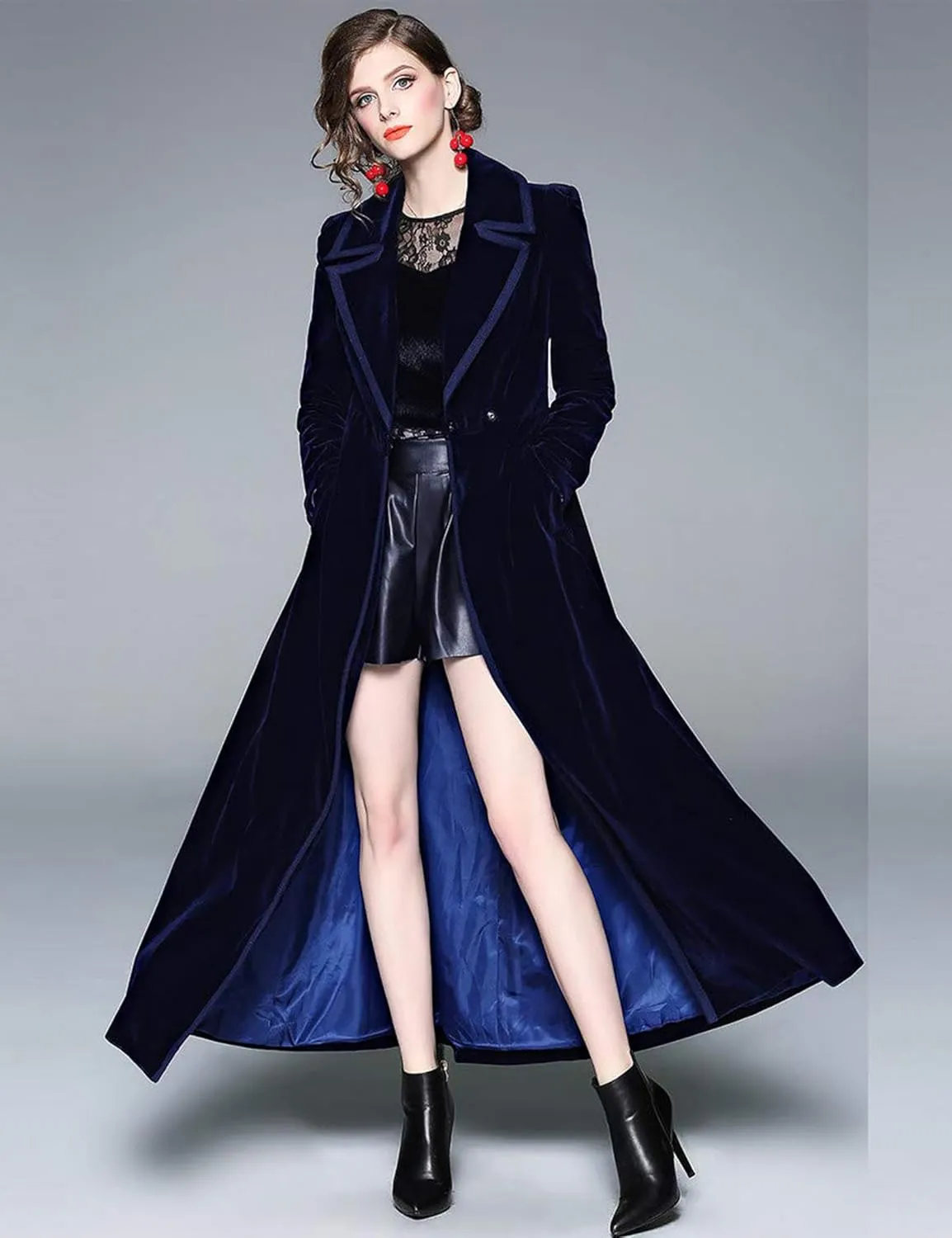 Women's Slim Notch Lapel Long Vintage Velvet Trench Coat Dress Hepburn Style