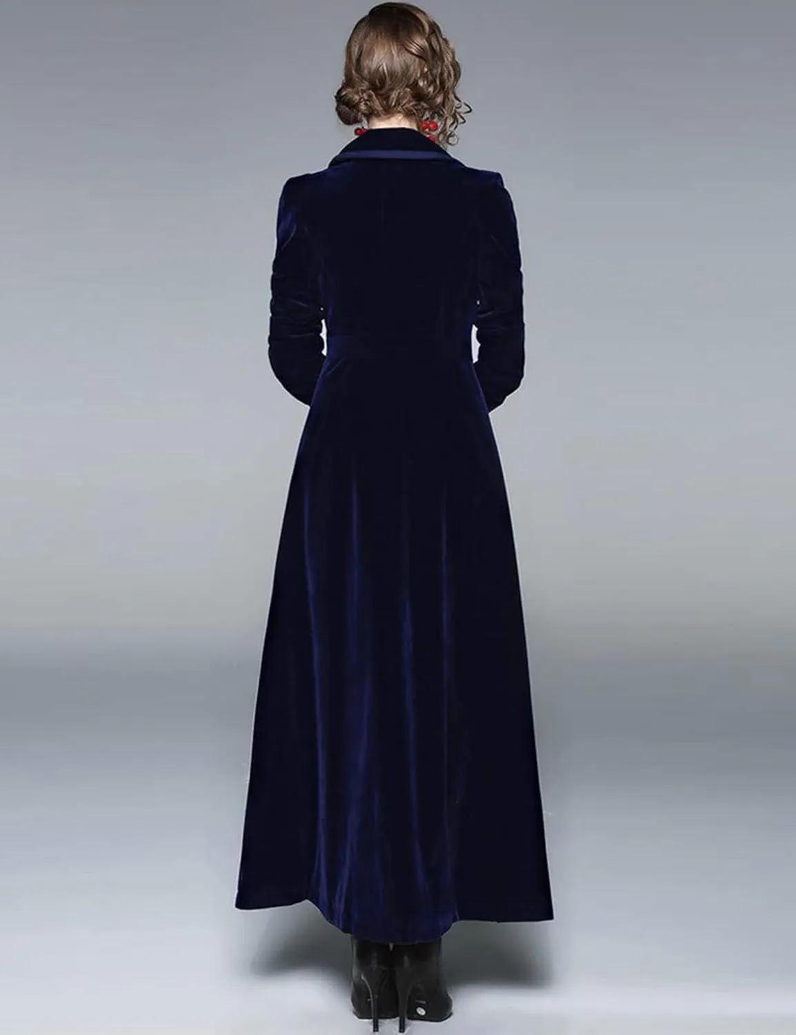 Women's Slim Notch Lapel Long Vintage Velvet Trench Coat Dress Hepburn Style