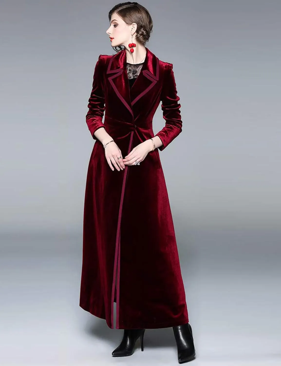 Women's Slim Notch Lapel Long Vintage Velvet Trench Coat Dress Hepburn Style