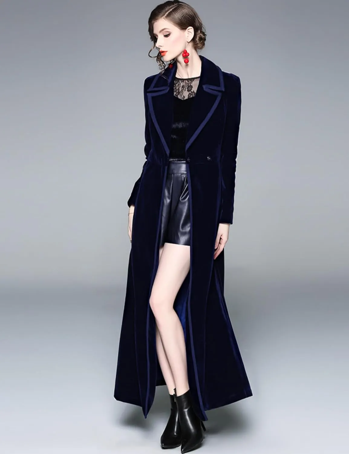 Women's Slim Notch Lapel Long Vintage Velvet Trench Coat Dress Hepburn Style