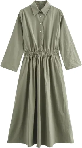 Women's Stand-Up Collar Long Sleeve Pleated Pocket Mid-Length Skirt Layered Hem Office Casual Skirt