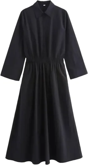 Women's Stand-Up Collar Long Sleeve Pleated Pocket Mid-Length Skirt Layered Hem Office Casual Skirt