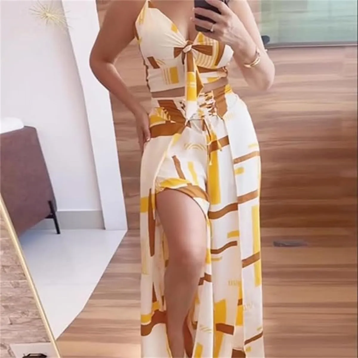 Women's V-Neck Printed Slit Casual Suit, 2025 Boho Sexy V Neck Crop Tops and High Split Floral Maxi Pants 2 Piece Sets