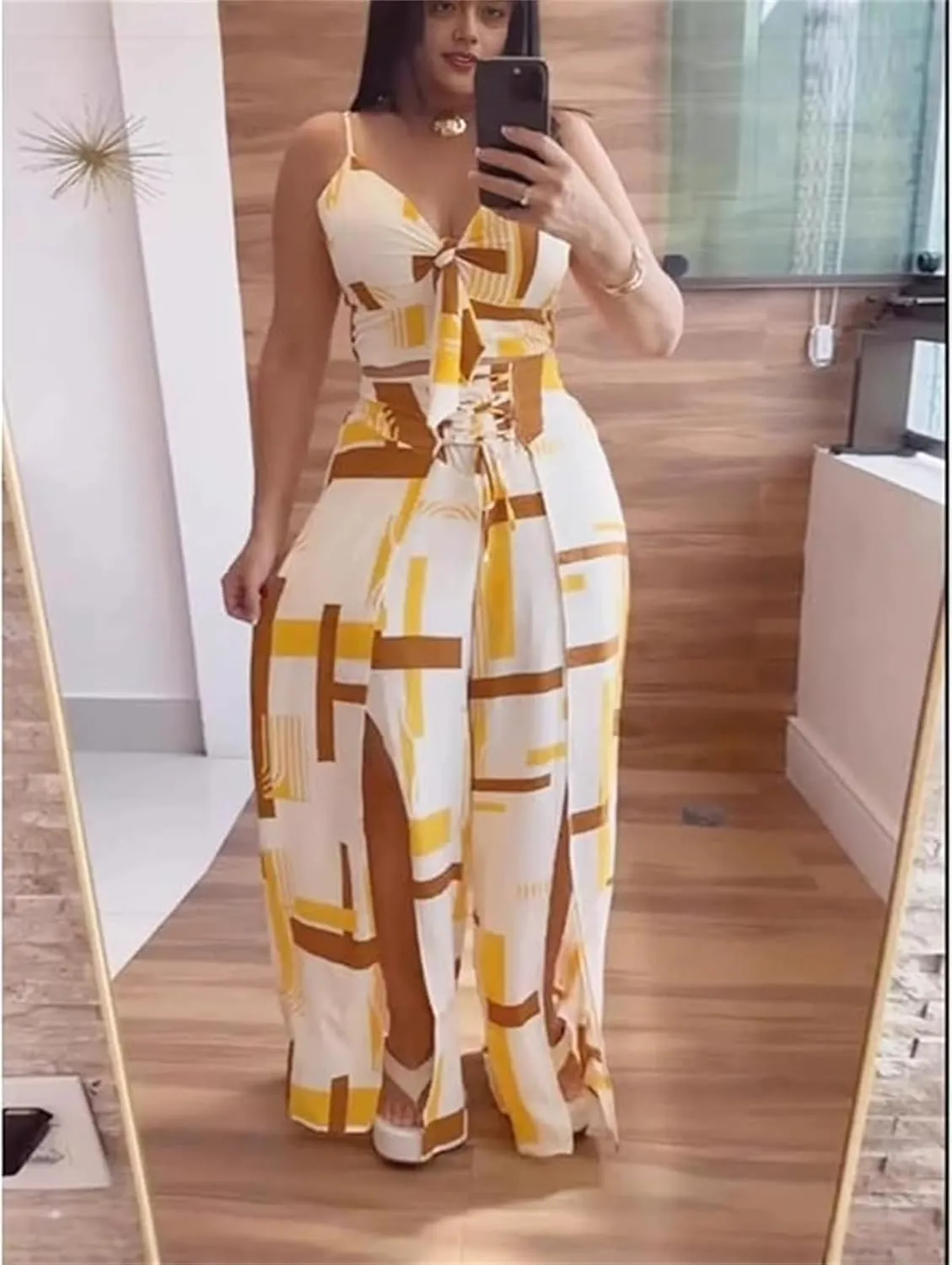 Women's V-Neck Printed Slit Casual Suit, 2025 Boho Sexy V Neck Crop Tops and High Split Floral Maxi Pants 2 Piece Sets