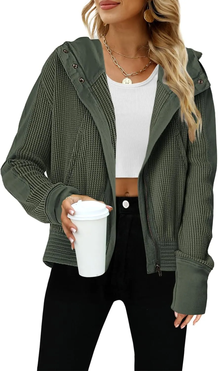 Yanekop Womens Waffle Knit Jackets Zip Up Hoodie Jacket Long Sleeve Cropped Hoodie Fall Outfits Casual Winter Clothes