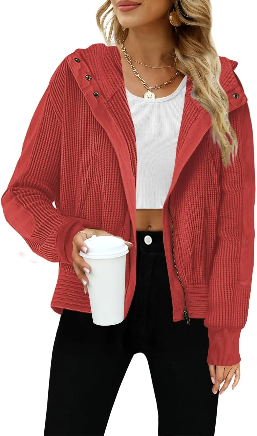 Yanekop Womens Waffle Knit Jackets Zip Up Hoodie Jacket Long Sleeve Cropped Hoodie Fall Outfits Casual Winter Clothes