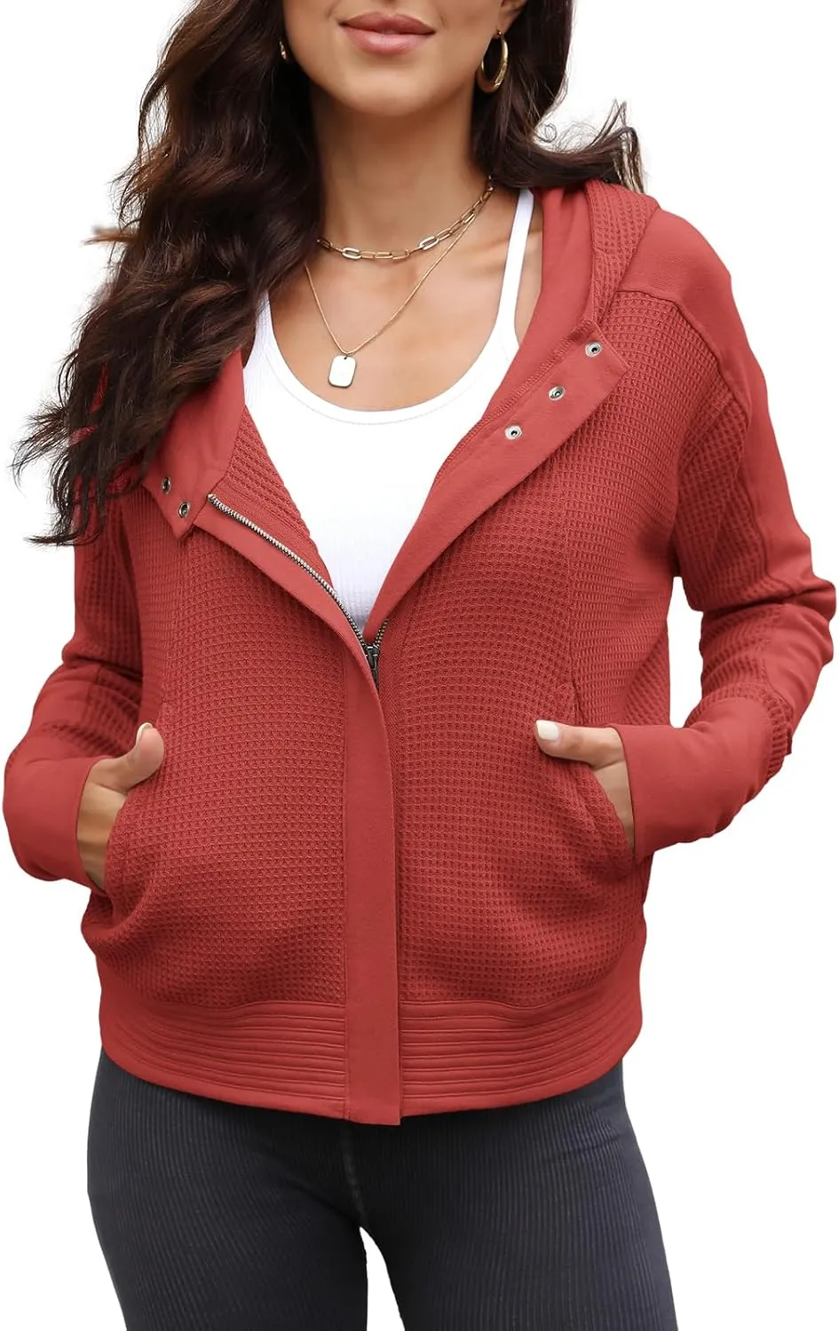 Yanekop Womens Waffle Knit Jackets Zip Up Hoodie Jacket Long Sleeve Cropped Hoodie Fall Outfits Casual Winter Clothes