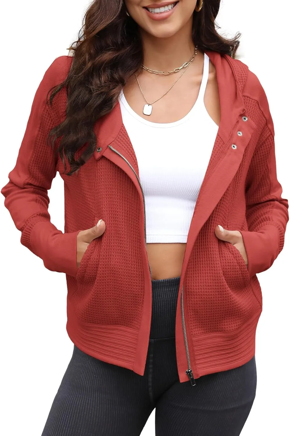 Yanekop Womens Waffle Knit Jackets Zip Up Hoodie Jacket Long Sleeve Cropped Hoodie Fall Outfits Casual Winter Clothes