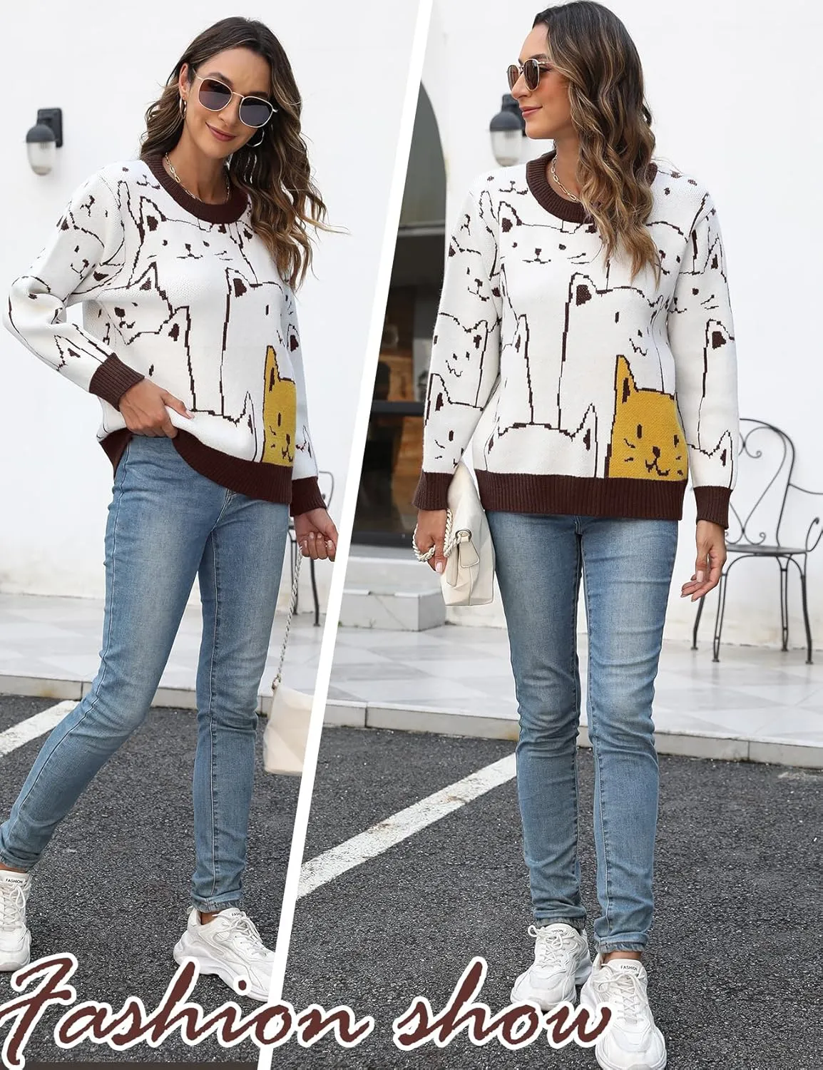 Yimoon Cat Sweater for Women Oversized Chunky Sweater Loose Long Sleeve Knit Pullover Sweater Top