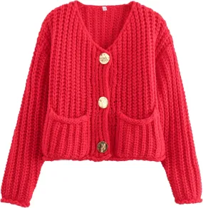 Zhiyouni Women's Cropped Cardigan Sweater Long Sleeves Button Down Chunky Knitted Coat